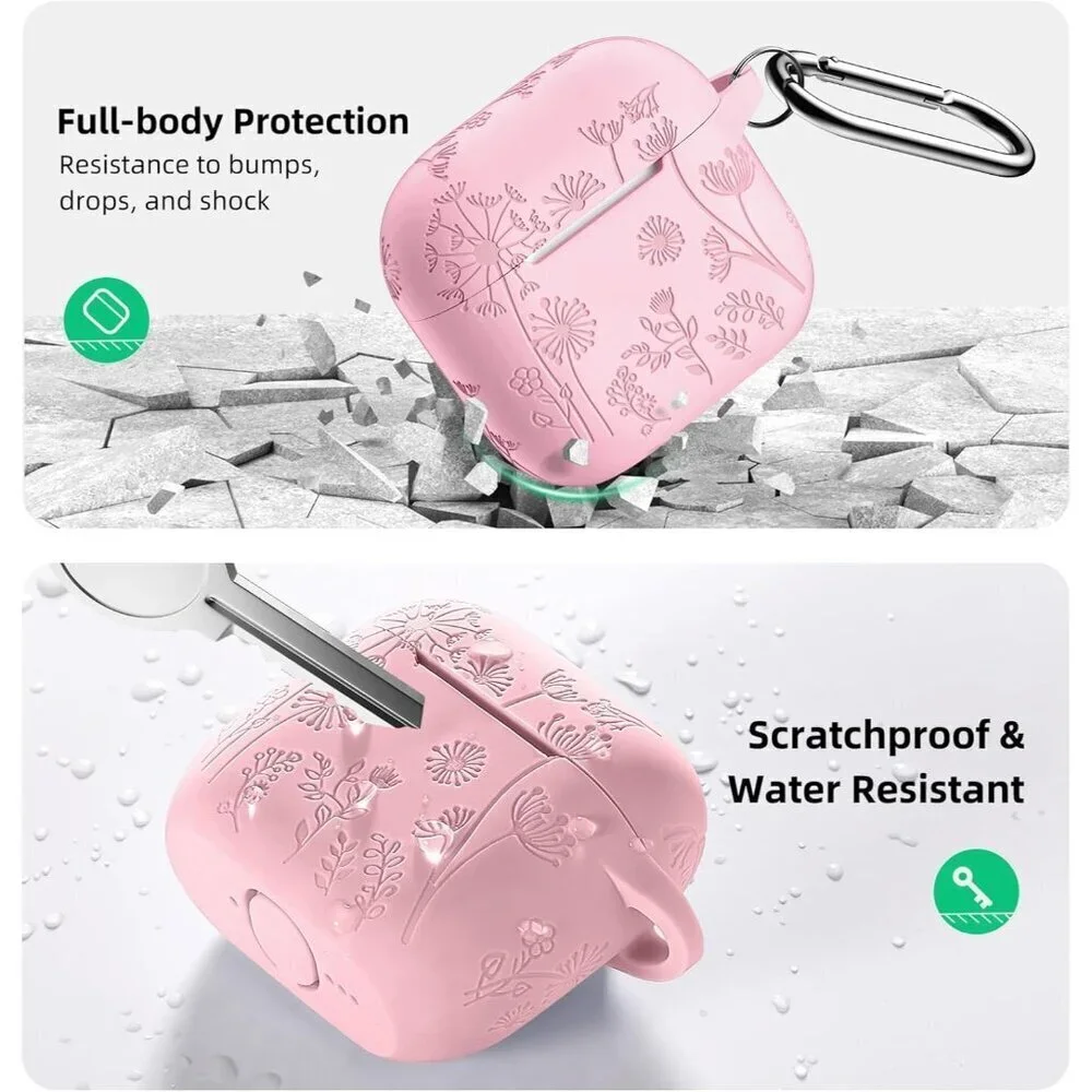Women's Apple Airpods Flower Engraved Case Compatible Cleaner Kit Keychain Bag